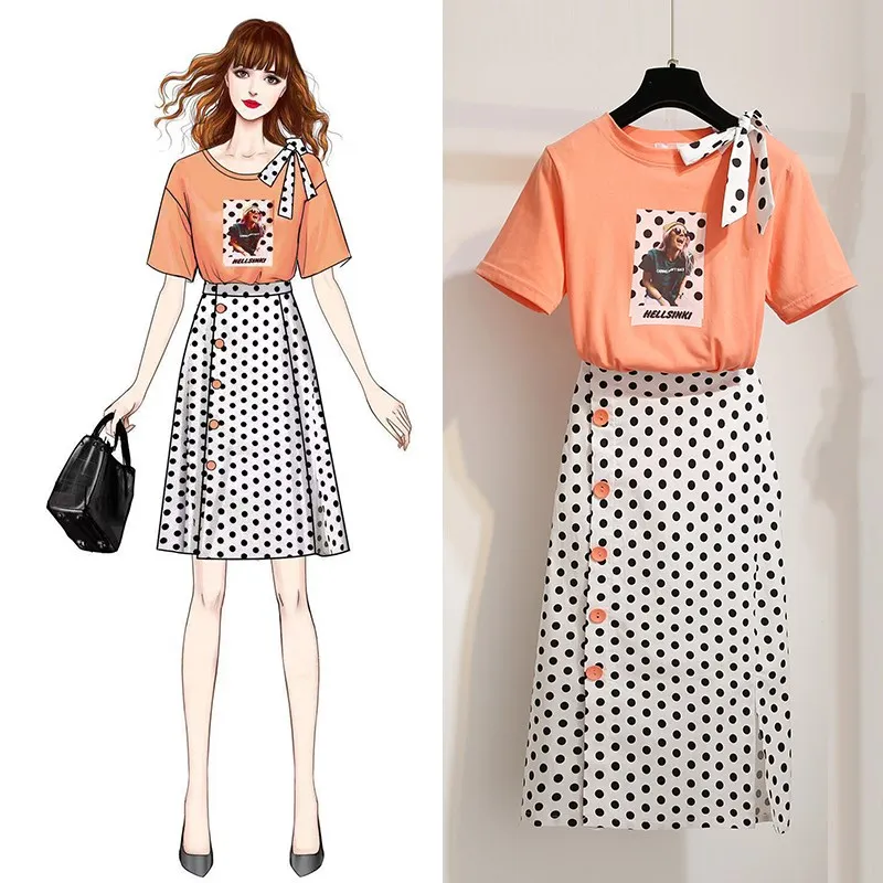 

Summer Women Polka Dot Print 2 Piece Set Character Pattern Bow Tees Button Split Bodycon Mid Calf Skirt Suits
