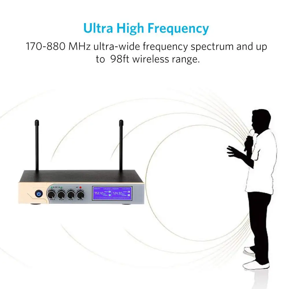 نظام UHF ميكروفون لاسلكي مهني مع 2 Mics Handheld ميكروفون الكاريوكي للمنزل KTV الكنيسة الزفاف مؤتمر