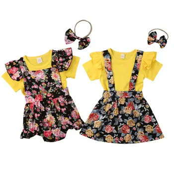 

Newborn Toddler Kids Baby Girl Sister Match Clothes Short Sleeve Cotton T-shirt Tops Floral Bib Pant Dress Headband 3PCS Set