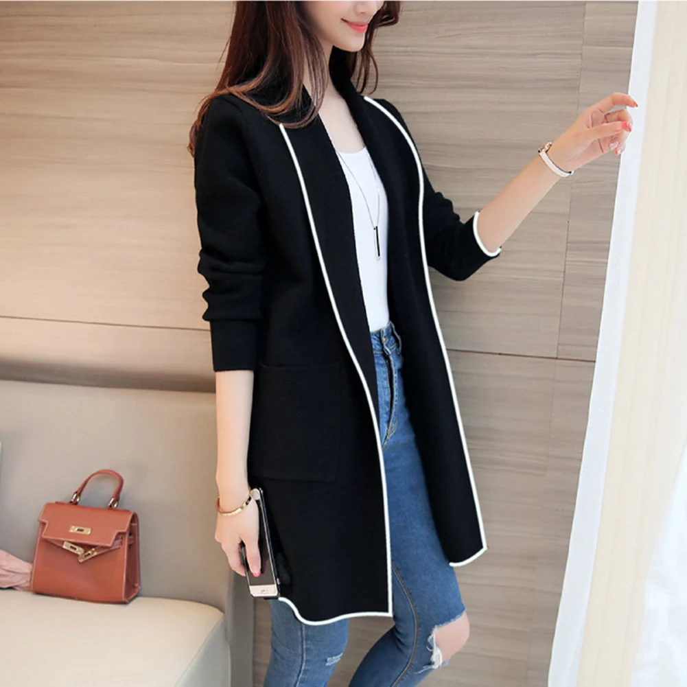 Женское длинное пальто размера плюс с длинным рукавом, повседневный весенний кардиган OL с карманами, однотонный джемпер черного и серого цвета, женская повседневная куртка