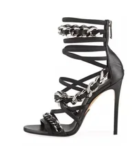 Hot Selling Black Leather Chain Decor Women Sandals Cut-out Peep Toe Cross Strap Summer Dress Shoes Plus Size Gladiator Sandal hot selling american and european sexy black leather sandals peep toe chain fringe amazing party dress shoes