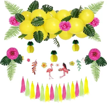 

Hawaiian Party Decoration Set Flamingo Palm Leaves Garland Honeycomb Summer Pineapple Pom PomsTassel Garland Balloons Wedding