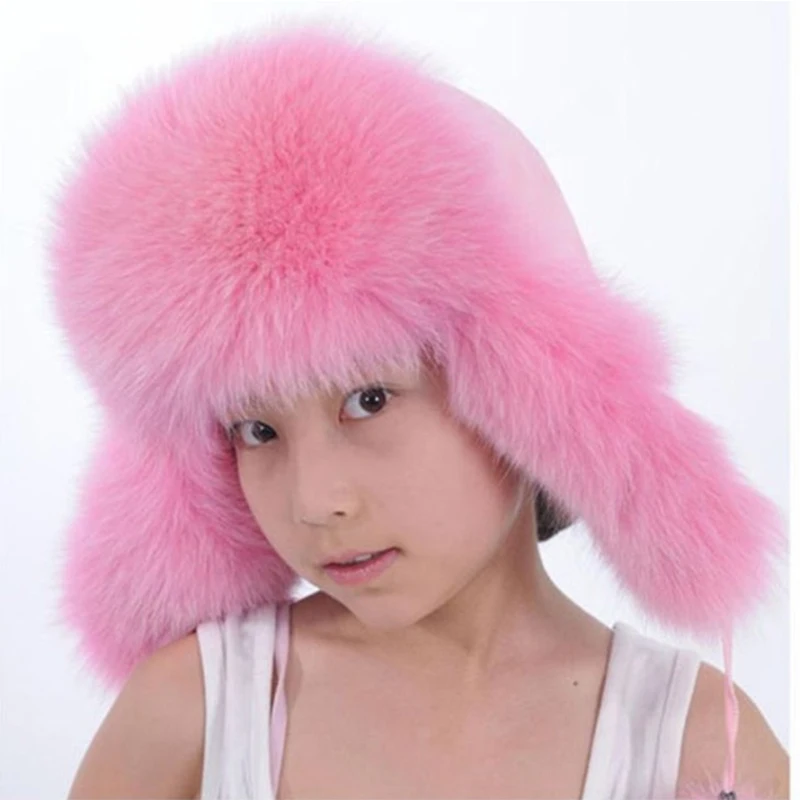 

Fashion Boy Girls Real Fox Fur Hat Children Warm Winter Fur Hat Baby Solid Colour Leifeng Caps Warm Ears 3-16Years Fur Hat