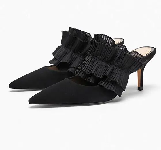

Moraima Snc Pointed Toe Ruffles Desgins High Heel Shoes Woman Sexy Cutouts Thin Heels Pumps Fashion Dress Shoes Black 35-41