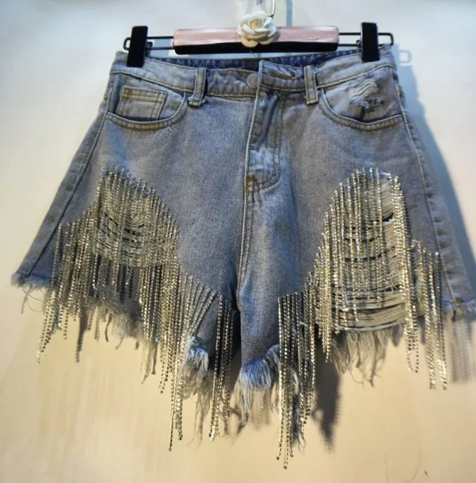 

2019 Summer European New Heavy Fringed Diamond Beads High Waist Jeans Cowboy Shorts Female Students Hole Denim Shorts