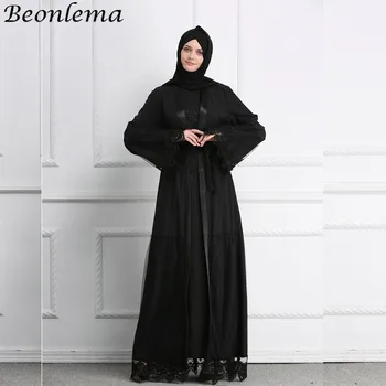 

Beonlema Women Kaftan Abaya Dubai Muslim Fashion Caftan Female Black Lace Arabic Musulman Open Thobe Islam Femme Clothing