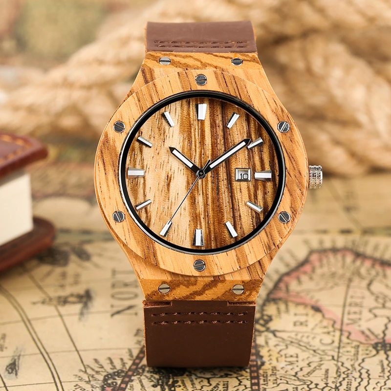 

Stylish Rivet Design Wood Watch Men's Watch Quartz Analog Retro Leather Band Date Calendar Display Hour Clocks Relogio Masculino