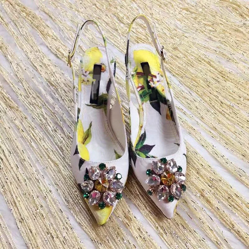 

Embellished Crystal Printed Leather Chaussures Femme Dress Party Women Pointed Toe High Heels Branded Luxury Slingback Sandals