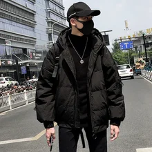 Хлопок мужская зимняя новая Толстая однотонная куртка с капюшоном японская свободная Корейская рубашка черная M-2XL
