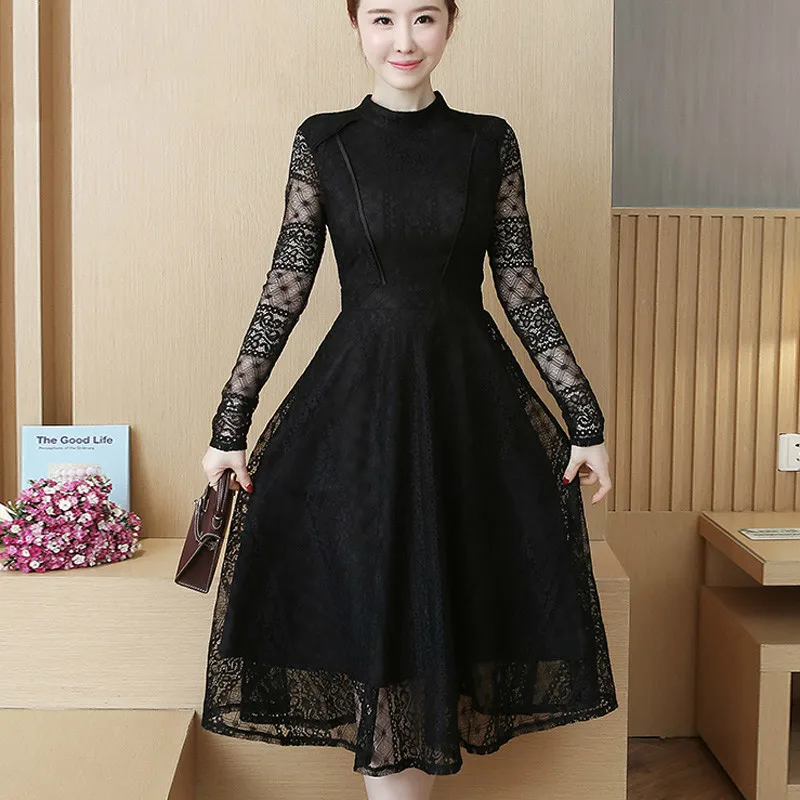 

Women Spring Summer Sexy Casual Mid-Calf Dress Fashion Elegent Black O-neck Long Sleeve Party Dresses Vestidos Plus Size 3XL