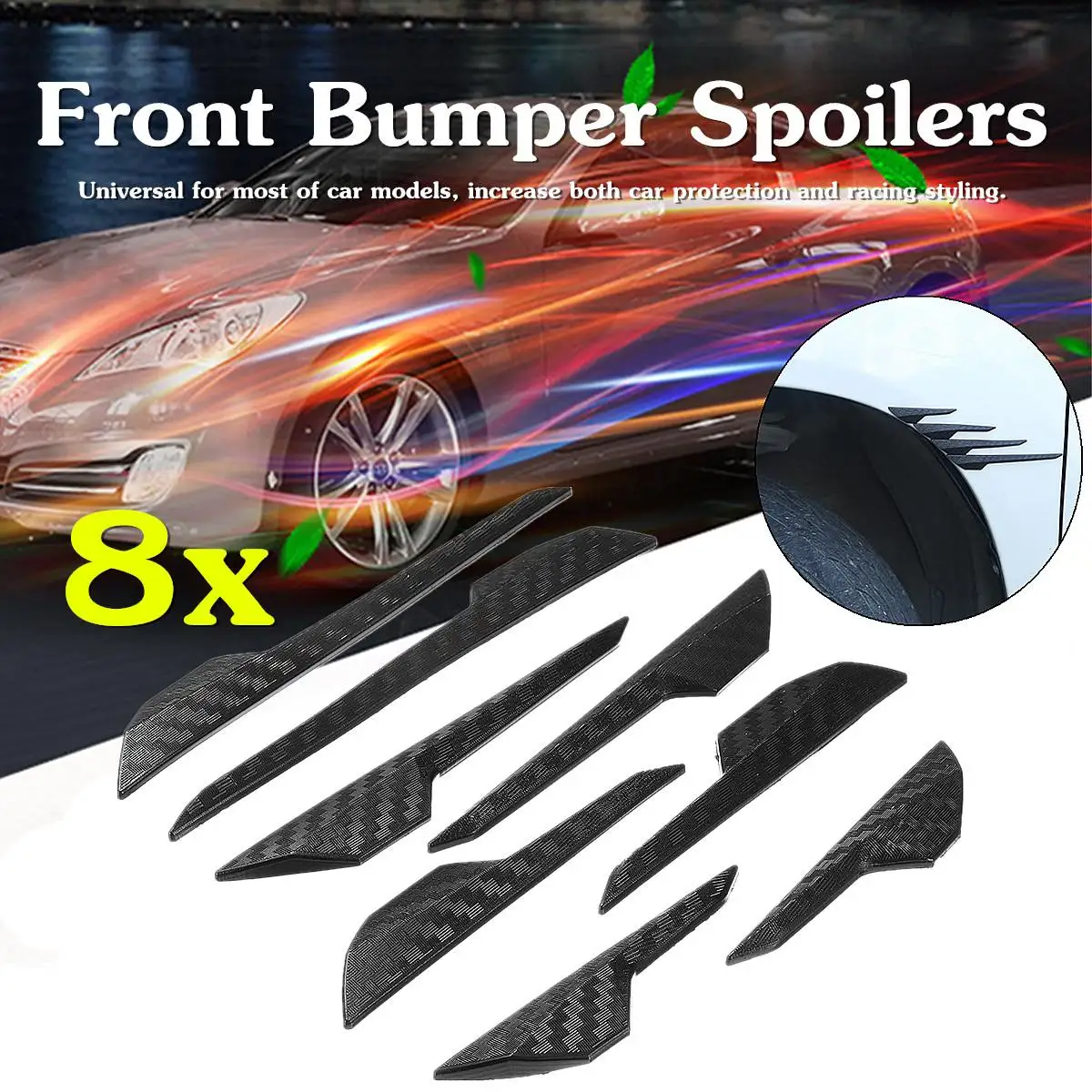 

8Pcs Universal PVC Carbon Fiber Front Bumper Lip Splitter Fins Body Spoiler Canards Refit Trim Good Toughness Prevents Scratches
