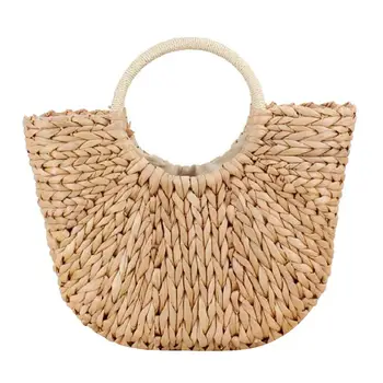 

Simple Hand-Woven Straw Beach Handbag Fashion Round Handle Ring Beach Straw Bag Tote Bag For Women Ladies Girls