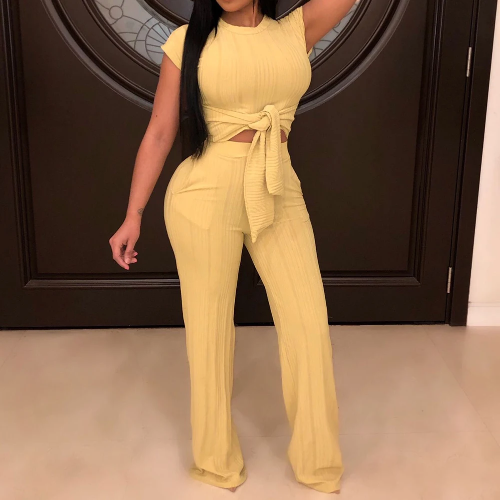 

New Arrival short sleeve lace up crop tank top high waist solid pants bell-bottom trousers 2019 sexy women clothes 2 pieces set
