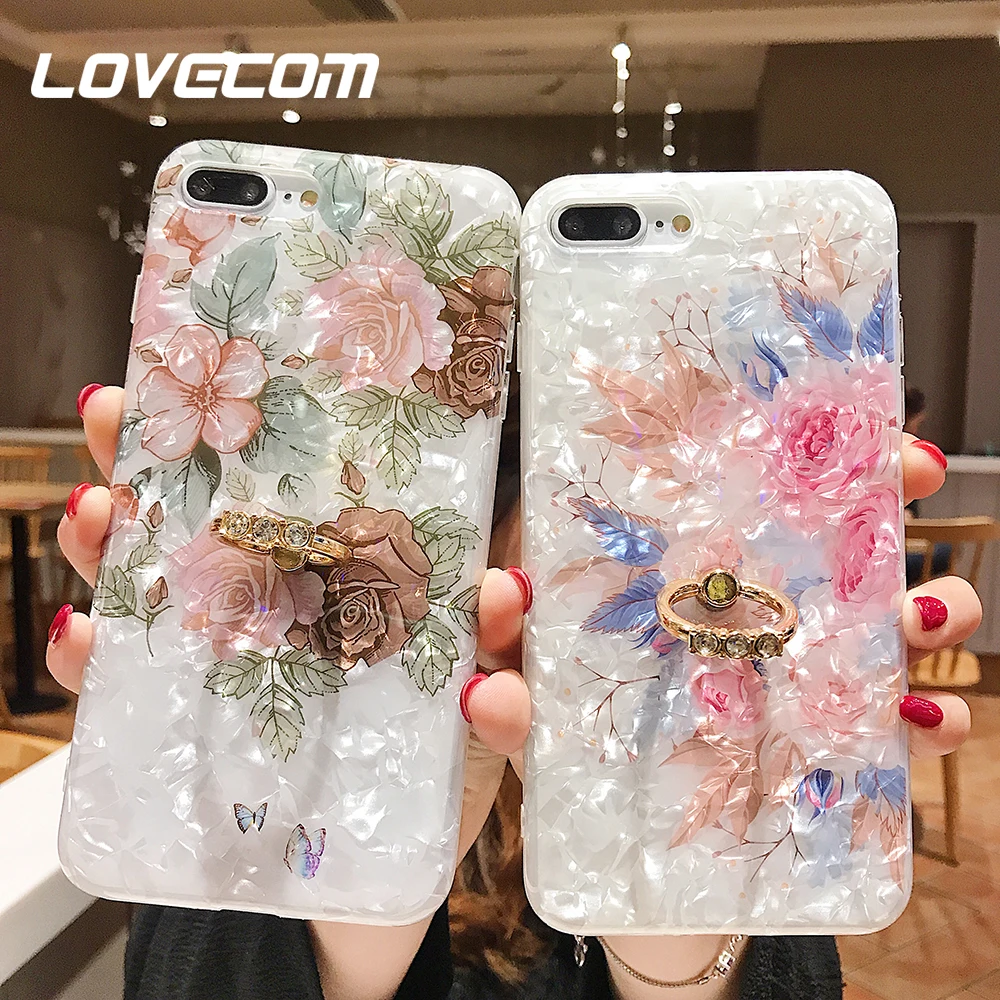 LOVECOM خمر الأزهار قذيفة حالة المحمولة حلقة Kickstand حامل ل فون XR XS ماكس XS 6 7 8 زائد واقي للشاشة لينة غطاء