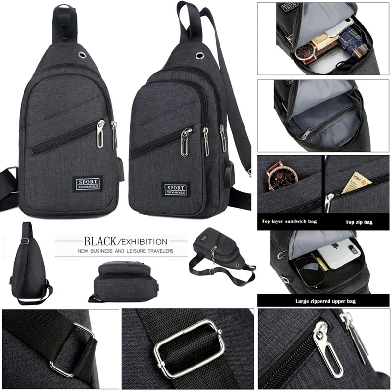 

Men Chest Pack Messenger Sling Sport Travel Crossbody Shoulder Bag USB Charging