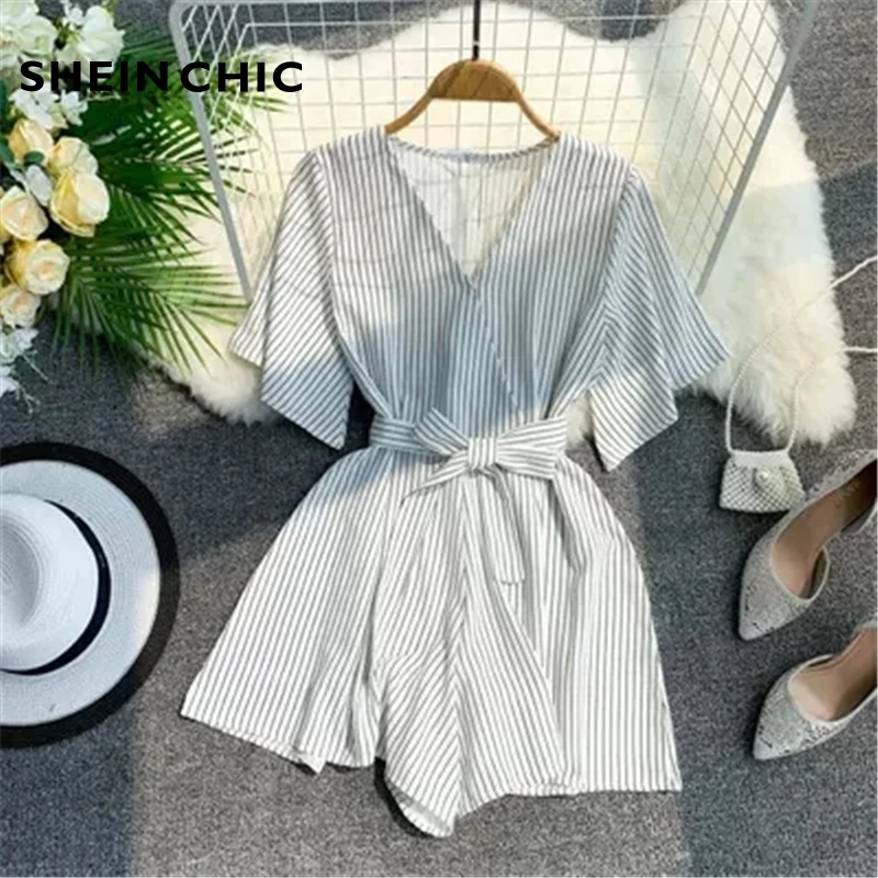 

Summer Women's Vintage Sashes Rompers Sexy V-Neck Striped Print Playsuits 2019 New Elegant Short Sleeve Female Jumpsuits