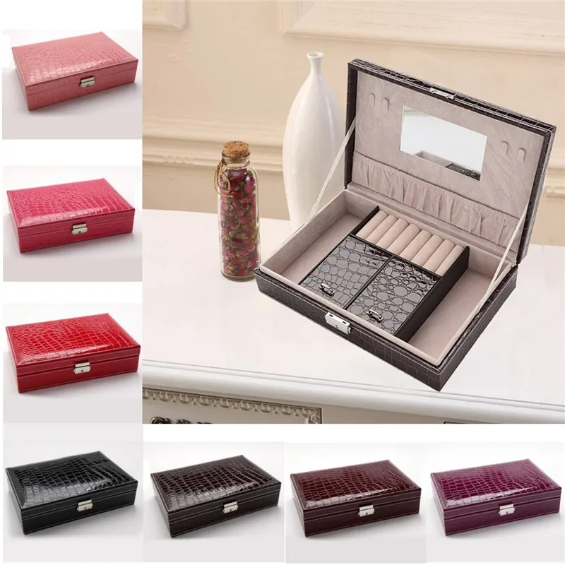 

New PU Leather Crocodile Grain Jewelry Box Fashion Jewellery Storage Boxes One Layer Packaging Case Organizer Cases 7 Colors