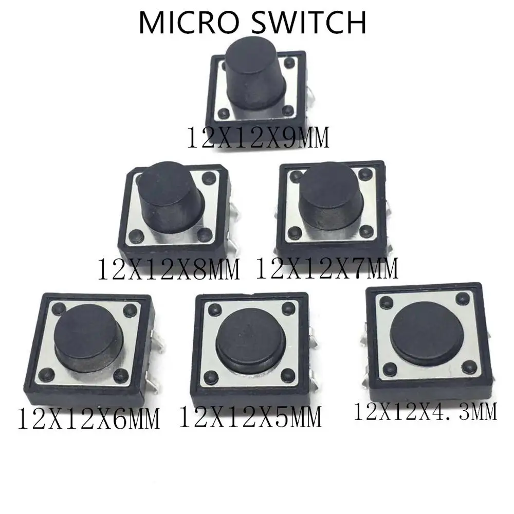 

10PCS PCB Tactile Tact Mini Push Button Switch SMD 4pin Micro switch 12*12*4.3/5/6/7/8/9 MM 12x12*4.3MM/5MM/6MM/7MM/8MM/9MM