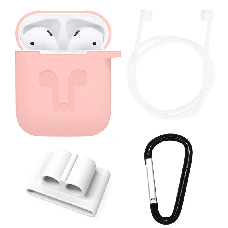 Для Apple Airpods аксессуары силиконовый чехол + анти потерянный ремень + держатель + карабин 4 в 1