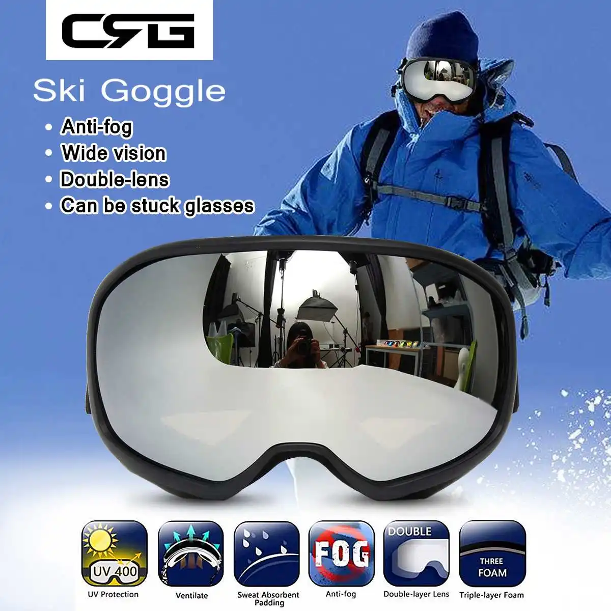 

Unisex Adults Professional Pro Skiing Goggles Double Lens Anti Fog UV Snowboard Snowmobile Snow Sport Black