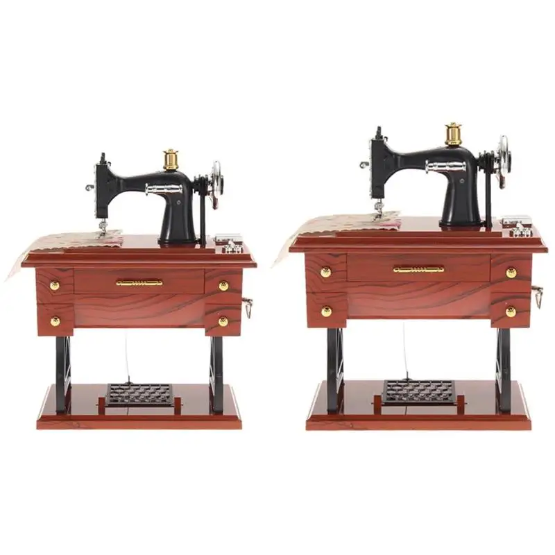 

Vintage Wooden Metal Sewing Machine Music Box Mechanical Jewelry Boxes Birthday Gift Table Home Decoration Accessories
