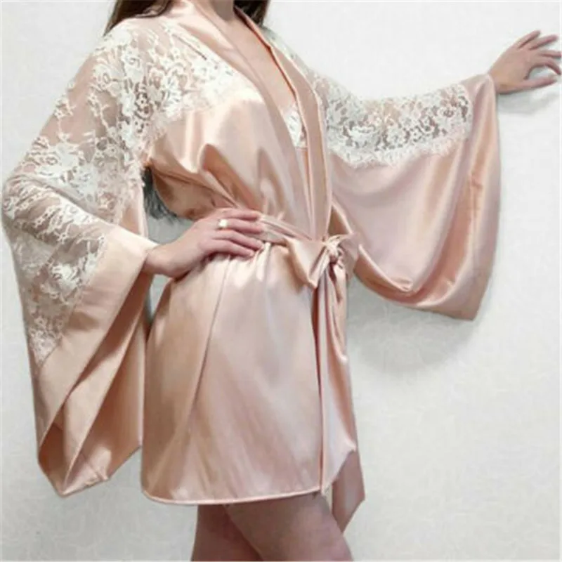 

New Fashion Sexy Casual Womens Ladies Bride Kimono Robe Satin Patchwork Silk Lace Night Gown Dresses Sleepwear