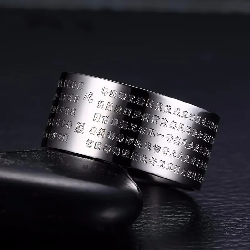 

Men Buddhist Heart Sutra Signet Ring Vintage Stainless Steel Male Jewelry 10MM