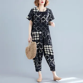 

Summer Women Plus Size Sets Loose Female Big Size Cotton Linen Tops O-Neck Vintage Lady Print Polka Dot Pants Set