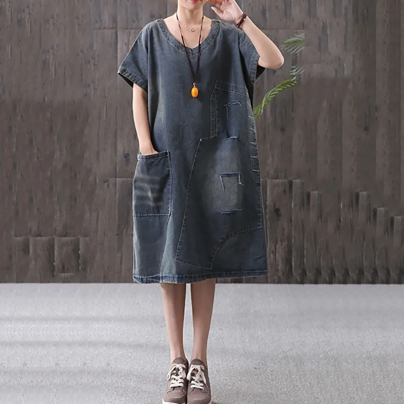 

[YaLee] New Fashion 2019 Spring Summer Patchwork Holes Splice Pocket Round Neck Short Sleeve Large Size Denim Dress Women Y934