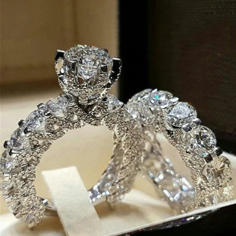

2019 New Women Wedding Ring Set Sparkling Round Cut Zircon Rings Ladies Engagement Ring Set Female Party Jewelry Gift