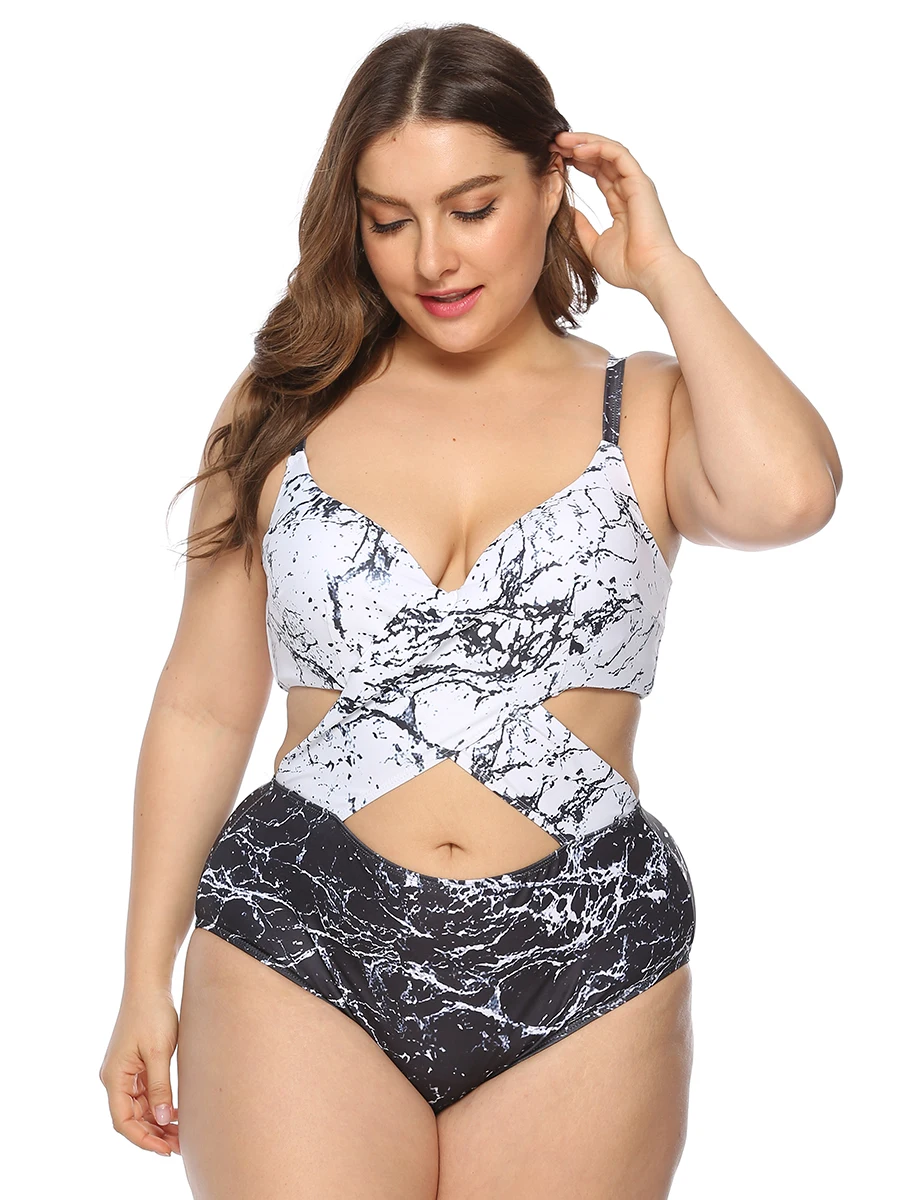 

Women Plus Size Swimsuit Marble Texture Printed Contrast Color Sling Bikini