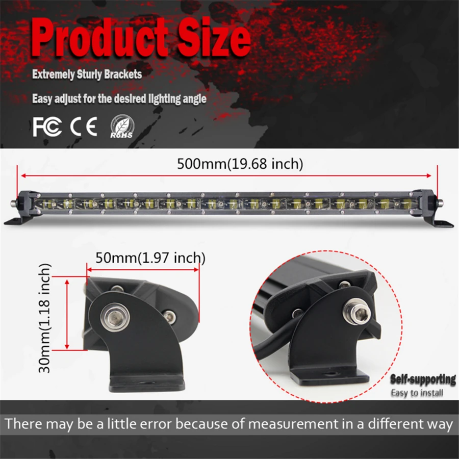 Car Led Work Light Bar 20" /13"/ 8" Aluminum 6D Spot Beam Slim LED Work Light Bar Single Row Car SUV Off road Lamps
