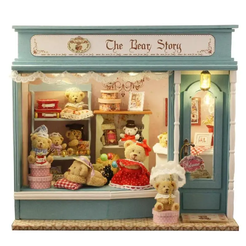 الدب منزل DIY لعب خشبية مصغرة دمية نموذج صندوق تشغيل الموسيقى الاطفال هدية مجموعة ألعاب أثاث خشبي رائع هدية للأطفال