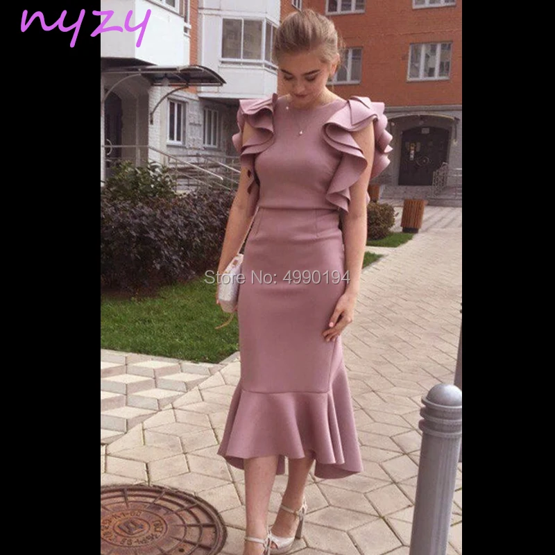 

NYZY C67 Vestido Robe Cocktail Dresses Pink Cap Sleeves Tea Length Ruffles Mermaid Party Dress robe de soiree courte 2019