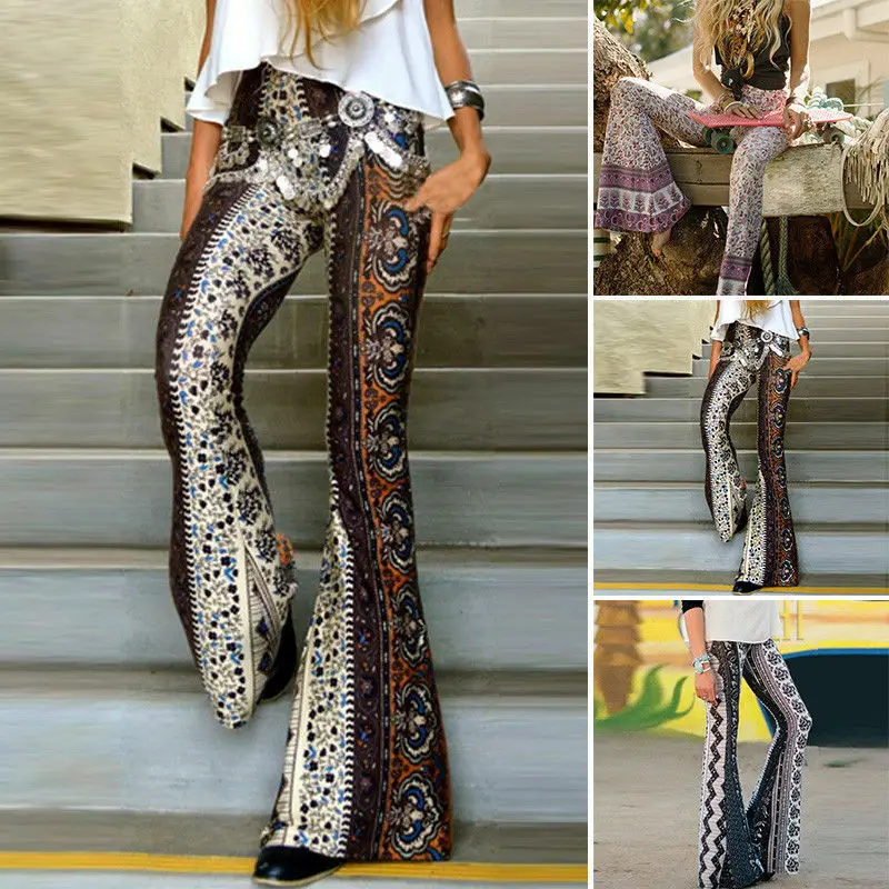 

Women Long Pants Boho Hippie High Waist Loose Wide Leg Flared Bell Bottom Flroal Long Pant