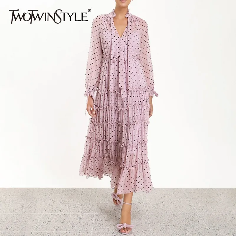 

TWOTWINSTYLE Vintage Polka Dot Ruffles Women Dress O Neck Long Sleeeve Bandages Perspective Midi Dresses Female 2019 Fashion New