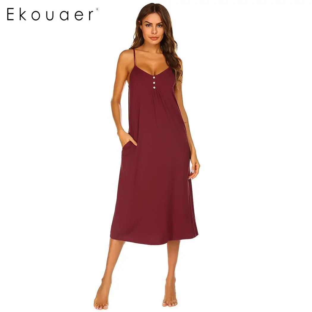 Ekouaer для женщин сексуальная ночная рубашка с v-образным вырезом без рукавов спереди плиссированные Высокая талия Ночная рубашка на
