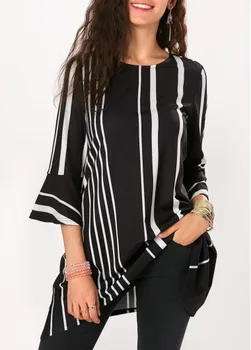 

Long Cotton T-shirt Women 2019 New Summer O-Neck Striped Female Casual T-Shirt Black Casual Basic Classic Tops Plus Size