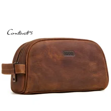 CONTACT'S Men Makeup Bag Fashion Genuine Leather Large Cosmetic Travel Bag Brand Women Toiletry Organizer Wash Zipper Case