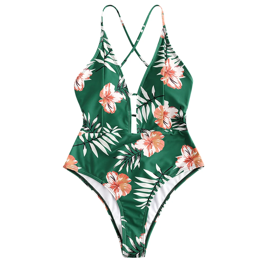 

ZAFUL 2019 New Bikinis Women Swimwear Swimsuit Floral Leaf Print Crisscross Padded One Piece Summer Bikini Set Beachwear Biquini