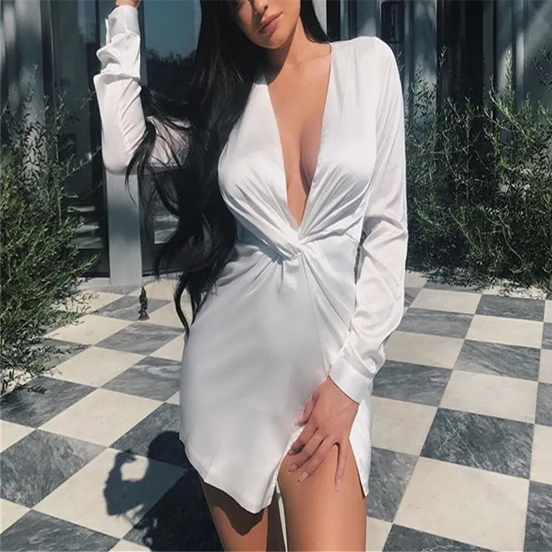 

Womens Summer Sexy Deep V-Neck High Spliced Ruched High Waist Satin Shirt Dresses Bandage Solid Evening Party Club Mini Dress