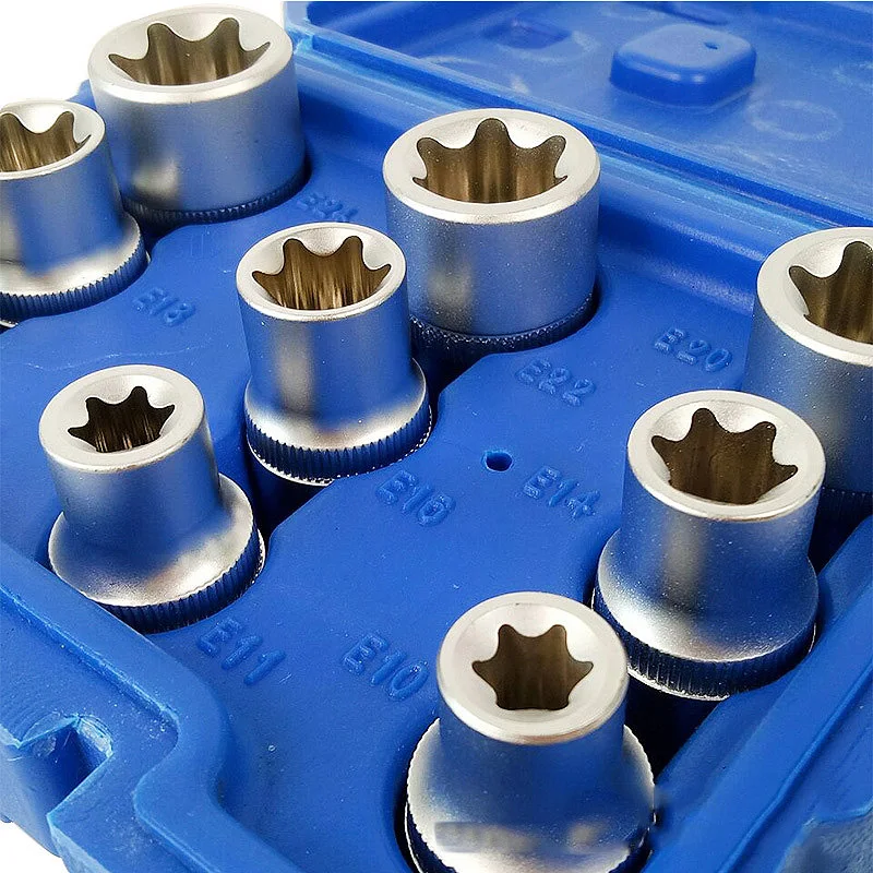 9Pcs 1/2 Plum Hex Socket Set Torx Star E Socket Sleeve Nuts Driver Bits E10-E24 Household Machine Car Repair Wrench Sleev