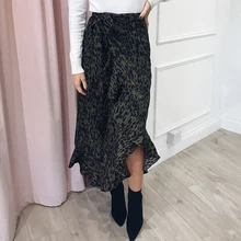 Леопардовый юбка Для женщин Высокая талия оборками Свободные Модные юбки для девочек Asymetrical ботильоны-Длина юбка женский