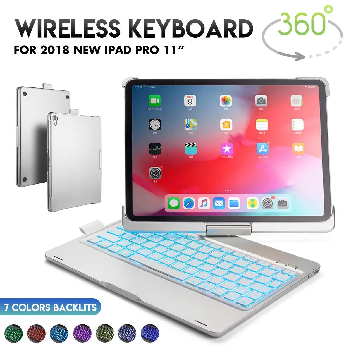 

Wireless Tablet Keyboard 360 Degree Rotating Case Wake/Sleep 7 Color Bluetooth Backlit Keyboard Cover For iPad Pro 11 inch Case