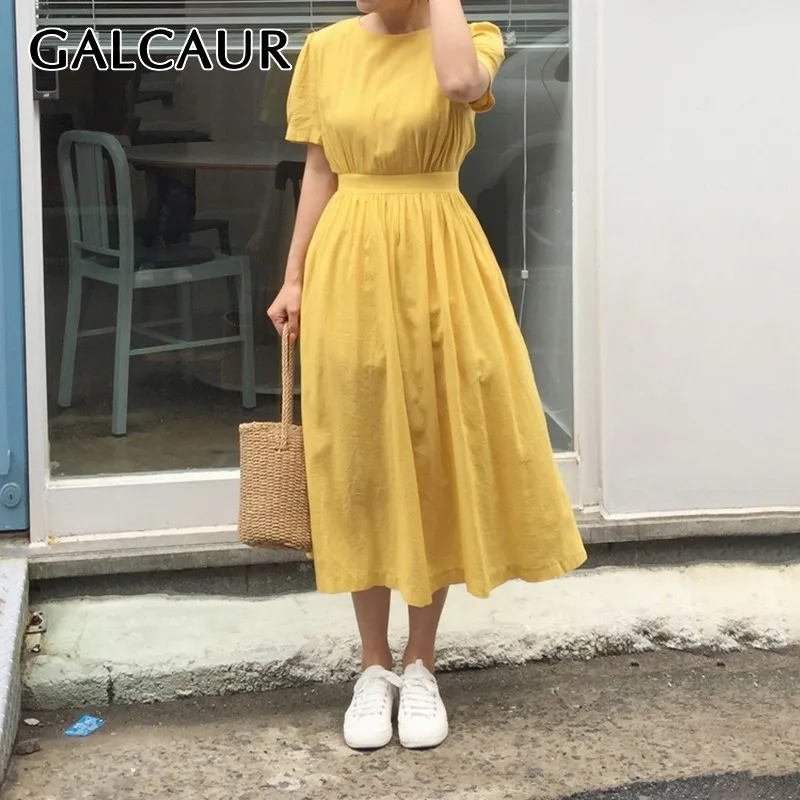 

GALCAUR Elegant Solid Women Dress O Neck Short Sleeve High Waist Pocket Loose Midi Dresses Female Summer Fashion 2019 New
