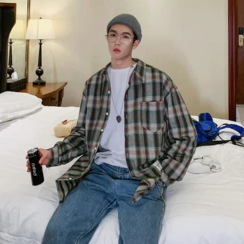 

Spring New Plaid Shirt Men Fashion Retro Casual Shirt Man Streetwear Loose Long-sleeved Shirt Trend Wild Male Clothes M-2XL