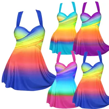 

4XL Plus Size Women One Pieces Suits Sexy Strap Tankini Swimdress Swimsuit Beachwear Push Up Swimwear