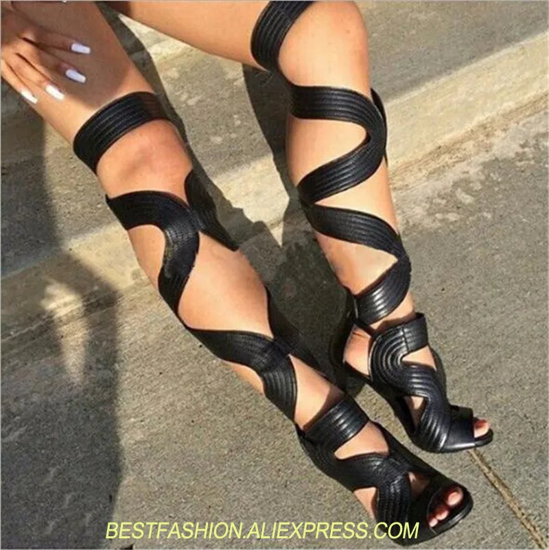 

Sexy Peep toe thin heels Black Gladiator shoes woman over the knee boots Lace Up summer Cut Out boots lady fashion big size 45