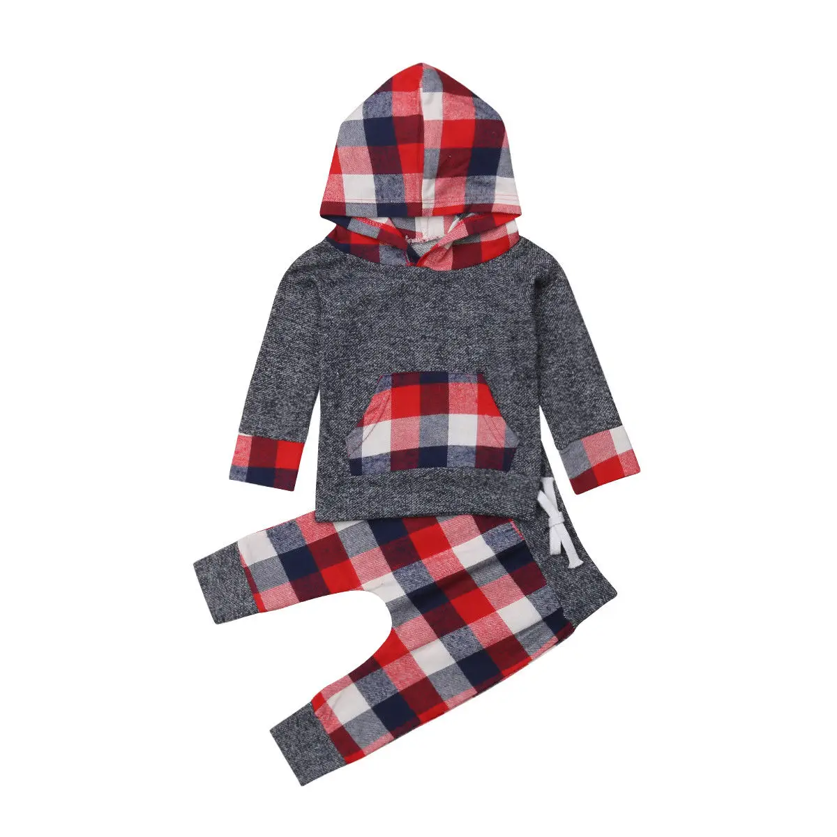 

Christmas Causal Autumn Winter Infant Kids Baby Girls Boys 2PCS Plaid Patchwork Long Sleeve Pullover Hooded Tops+Pants