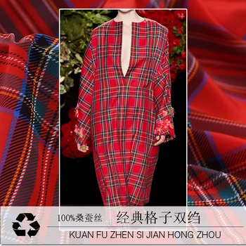 

New 14mm plaid digital printing natural silk crepe fabric spring and summer soft clothing dress fabric not transparent